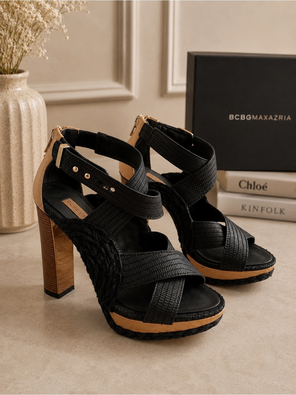 BCBGMaxAzria Black Platform Strappy Heels with Gold Accent